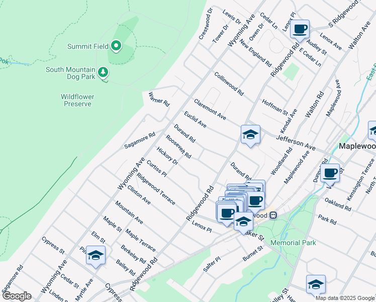map of restaurants, bars, coffee shops, grocery stores, and more near 27 Roosevelt Road in Maplewood