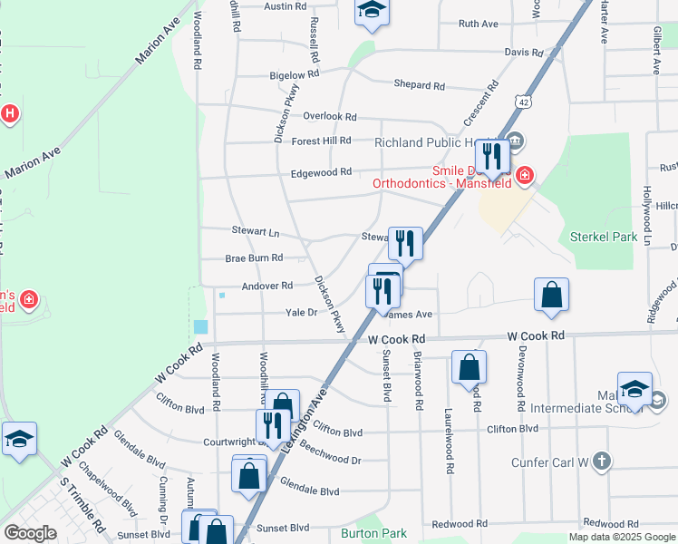 map of restaurants, bars, coffee shops, grocery stores, and more near 880 South Andover Road in Mansfield