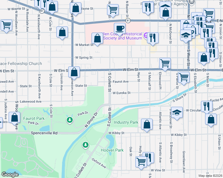 map of restaurants, bars, coffee shops, grocery stores, and more near 411 South Collett Street in Lima