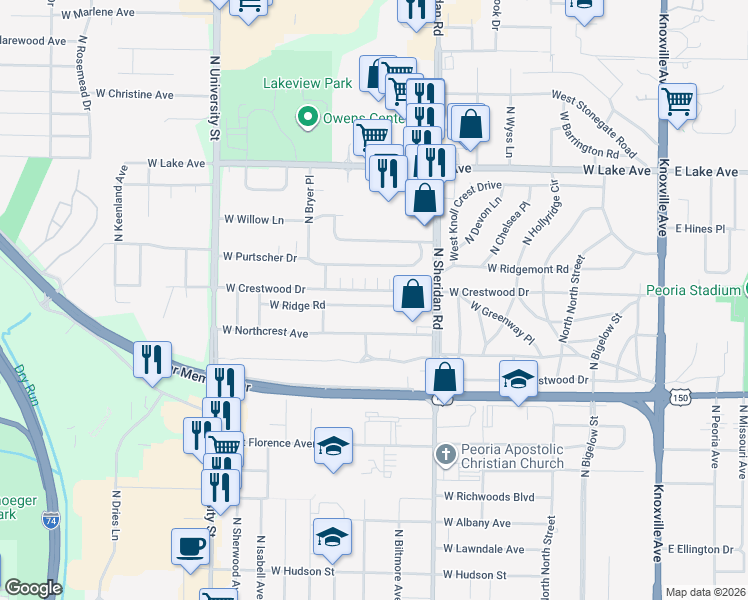 map of restaurants, bars, coffee shops, grocery stores, and more near 813 West Ridge Road in Peoria