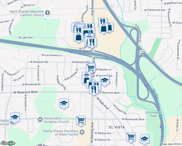 map of restaurants, bars, coffee shops, grocery stores, and more near 2512 West Bainter Lane in Peoria