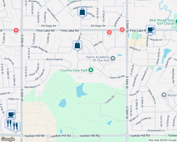 map of restaurants, bars, coffee shops, grocery stores, and more near 4939 Union Hill Road in Lincoln