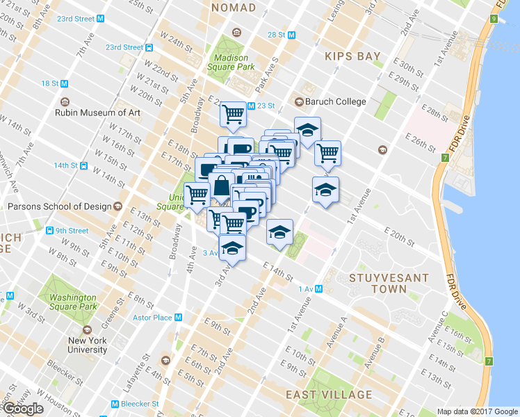 map of restaurants, bars, coffee shops, grocery stores, and more near 3rd Ave & E 17th St in New York