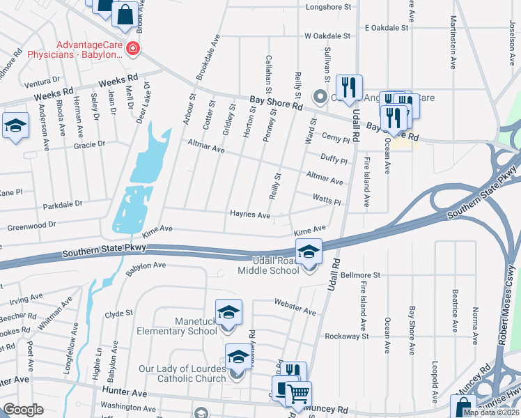 map of restaurants, bars, coffee shops, grocery stores, and more near 7 Reilly Street in West Islip