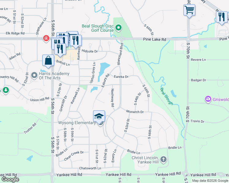 map of restaurants, bars, coffee shops, grocery stores, and more near 6131 Thompson Creek Boulevard in Lincoln