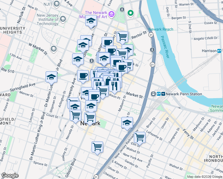 map of restaurants, bars, coffee shops, grocery stores, and more near in Newark