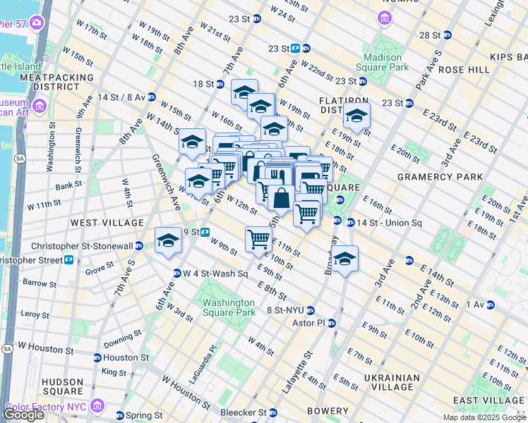 map of restaurants, bars, coffee shops, grocery stores, and more near 10 West 13th Street in New York