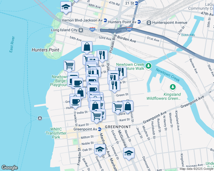 map of restaurants, bars, coffee shops, grocery stores, and more near 187 Eagle Street in Brooklyn