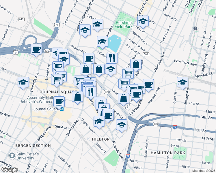 map of restaurants, bars, coffee shops, grocery stores, and more near 32 Central Avenue in Jersey City