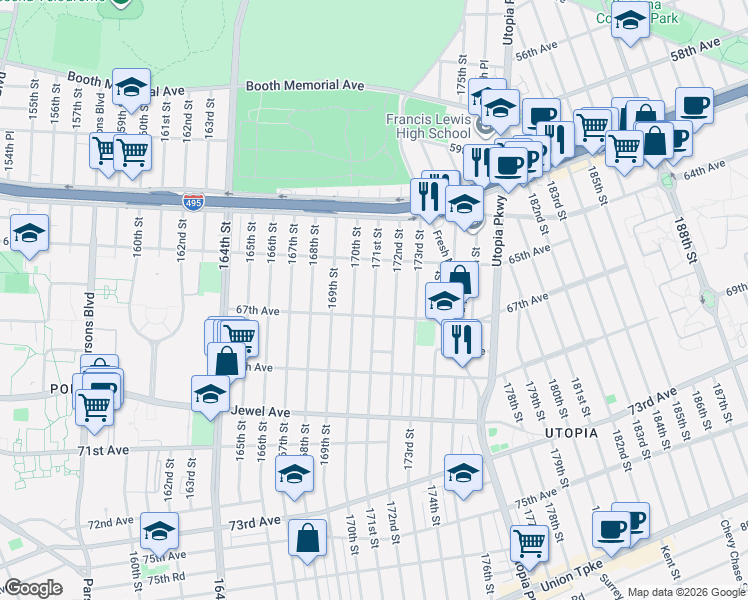 map of restaurants, bars, coffee shops, grocery stores, and more near 65-36 171st Street in Queens