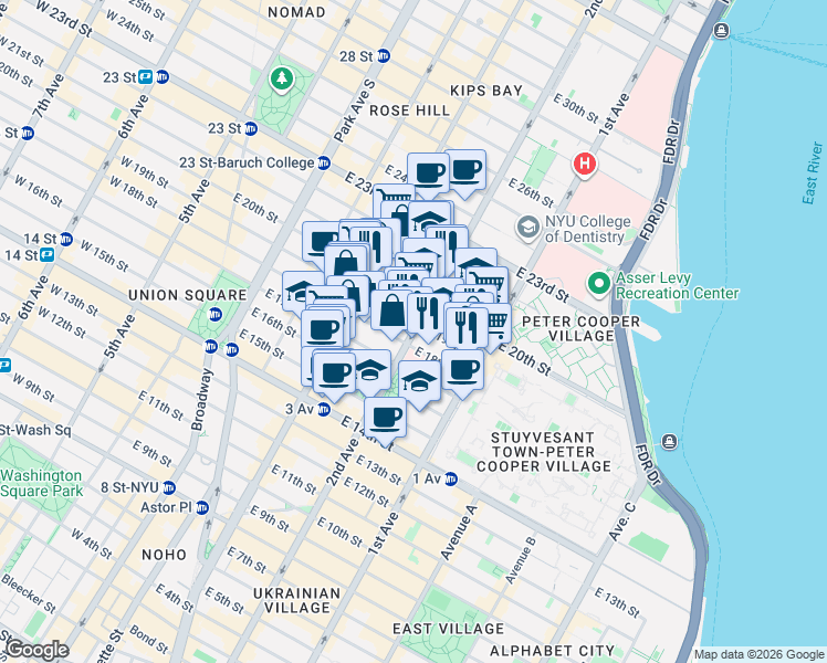 map of restaurants, bars, coffee shops, grocery stores, and more near in New York