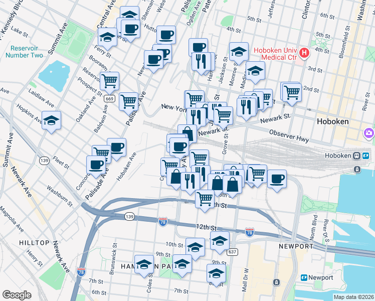 map of restaurants, bars, coffee shops, grocery stores, and more near 854 Jersey Avenue in Jersey City