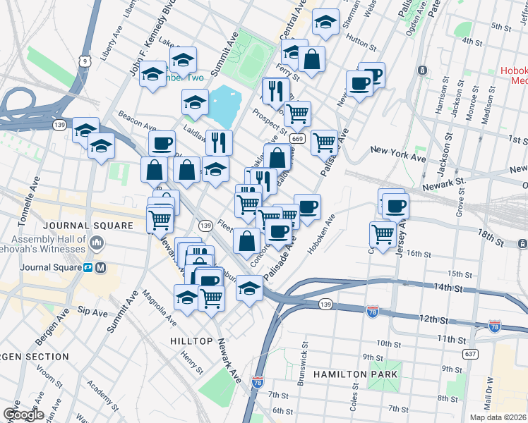 map of restaurants, bars, coffee shops, grocery stores, and more near 46 Beacon Avenue in Jersey City