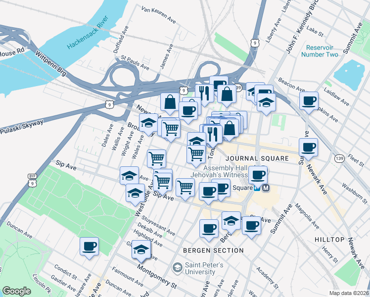 map of restaurants, bars, coffee shops, grocery stores, and more near 53 Broadway in Jersey City