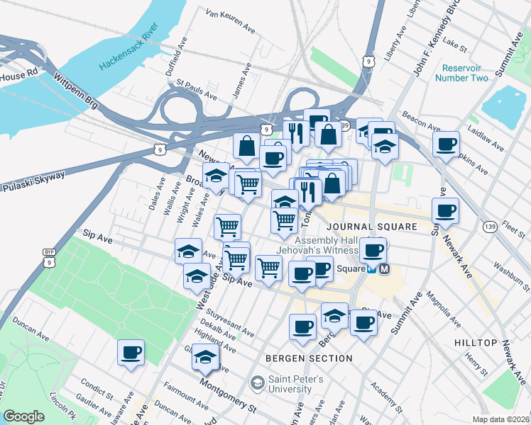 map of restaurants, bars, coffee shops, grocery stores, and more near 53 Broadway in Jersey City