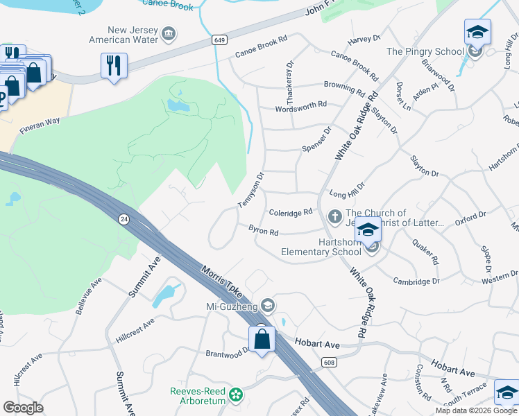 map of restaurants, bars, coffee shops, grocery stores, and more near 88 Addison Drive in Millburn