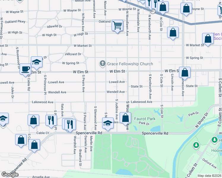 map of restaurants, bars, coffee shops, grocery stores, and more near 1525 Lowell Ave in Lima