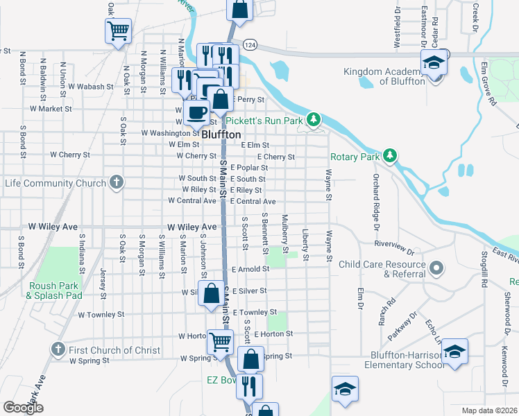 map of restaurants, bars, coffee shops, grocery stores, and more near 200-220 E Central Ave in Bluffton
