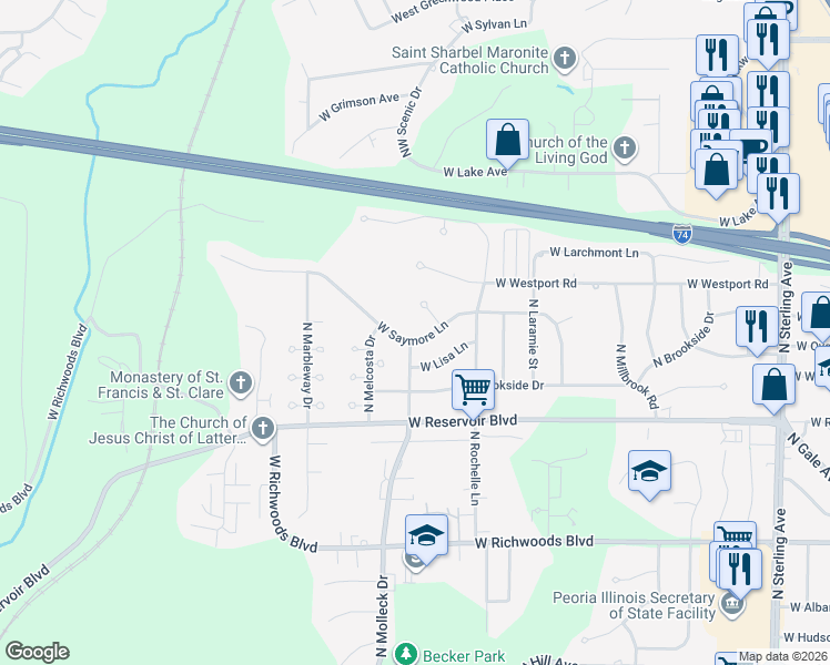 map of restaurants, bars, coffee shops, grocery stores, and more near 3347 West Saymore Lane in Peoria