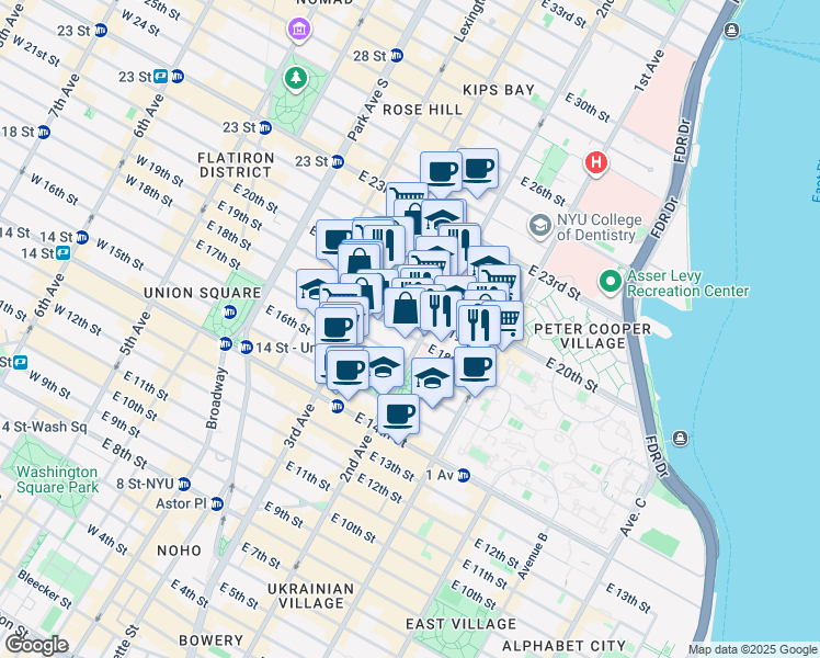 map of restaurants, bars, coffee shops, grocery stores, and more near 345 2nd Avenue in New York