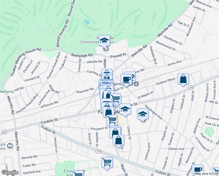 map of restaurants, bars, coffee shops, grocery stores, and more near 145 Main Street in Farmingdale