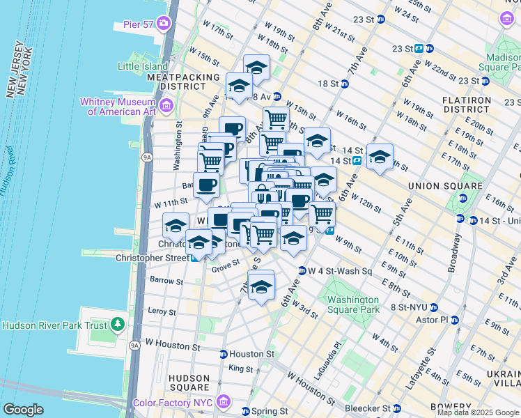 map of restaurants, bars, coffee shops, grocery stores, and more near 64 Charles Street in New York