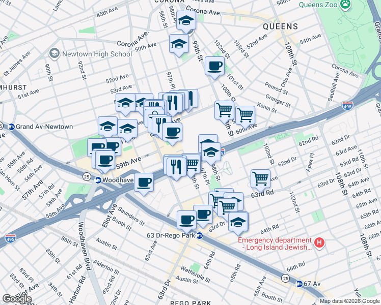 map of restaurants, bars, coffee shops, grocery stores, and more near 97-15 Horace Harding Expressway in Queens