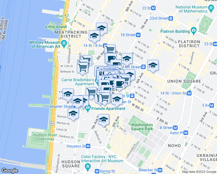 map of restaurants, bars, coffee shops, grocery stores, and more near 64 Charles Street in New York