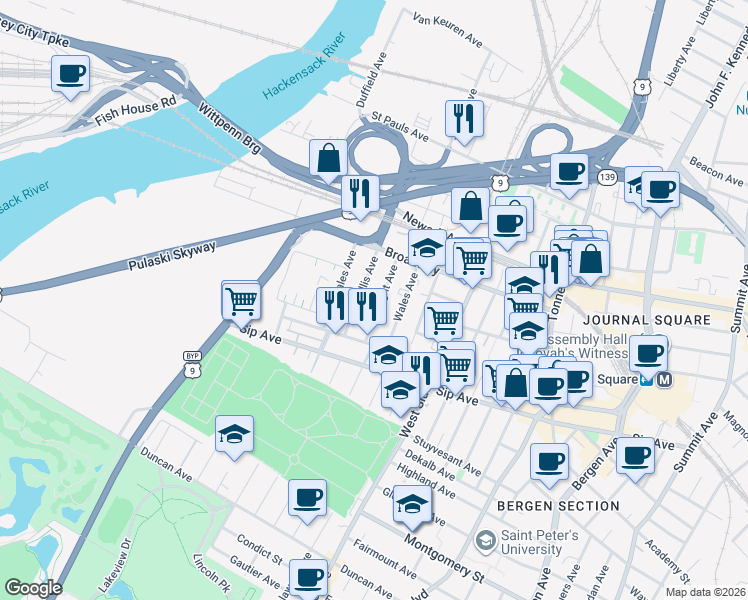 map of restaurants, bars, coffee shops, grocery stores, and more near 53 Wright Avenue in Jersey City