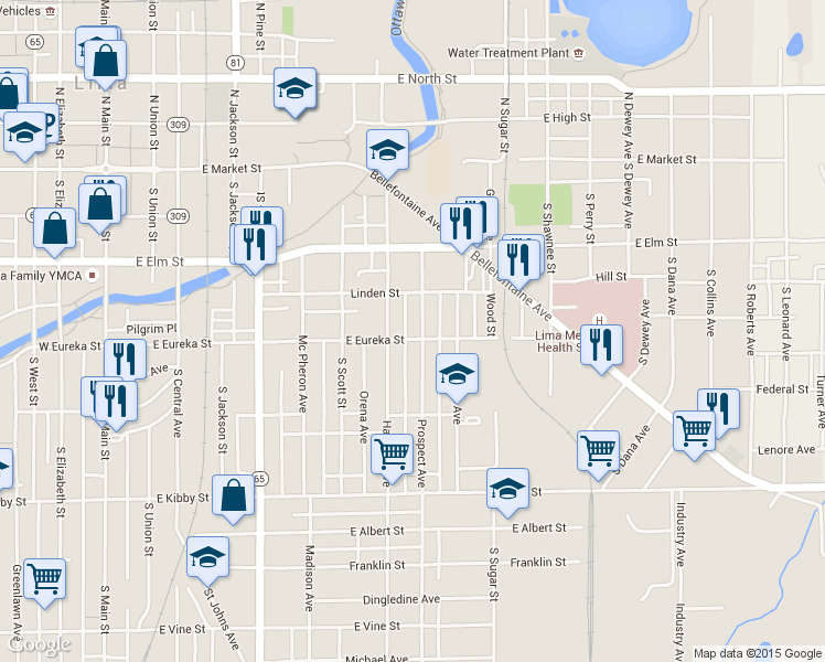 map of restaurants, bars, coffee shops, grocery stores, and more near 432 Prospect Avenue in Lima