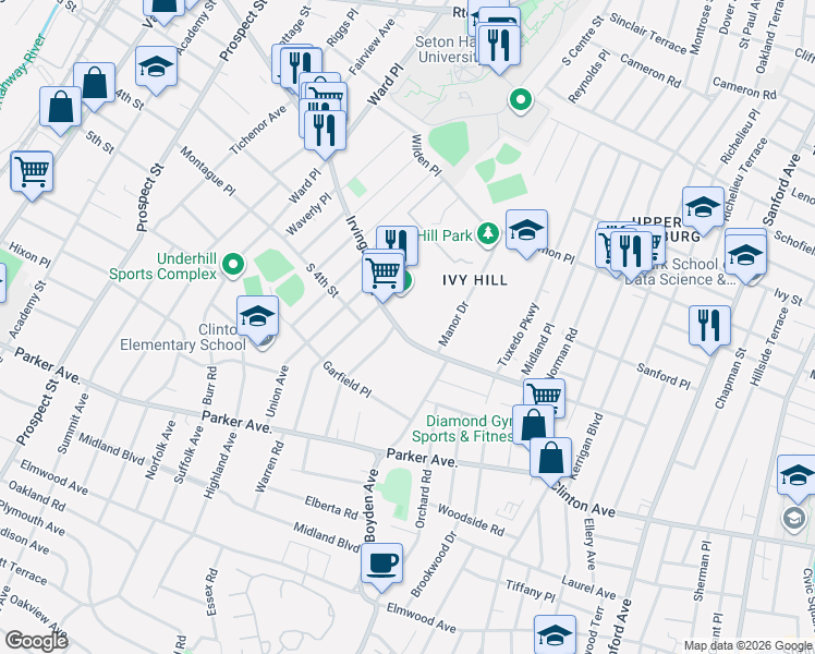 map of restaurants, bars, coffee shops, grocery stores, and more near 491 Irvington Avenue in Newark