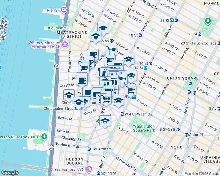 map of restaurants, bars, coffee shops, grocery stores, and more near 64 Charles Street in New York