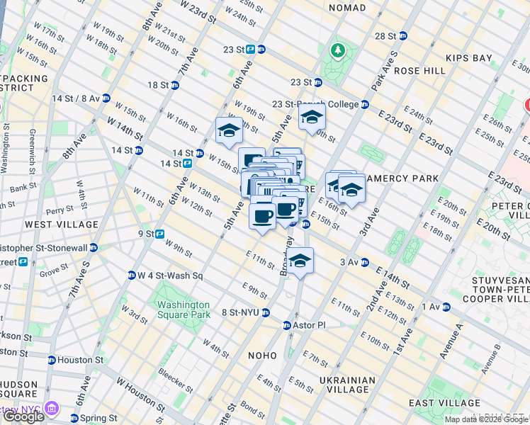 map of restaurants, bars, coffee shops, grocery stores, and more near 28 East 14th Street in New York
