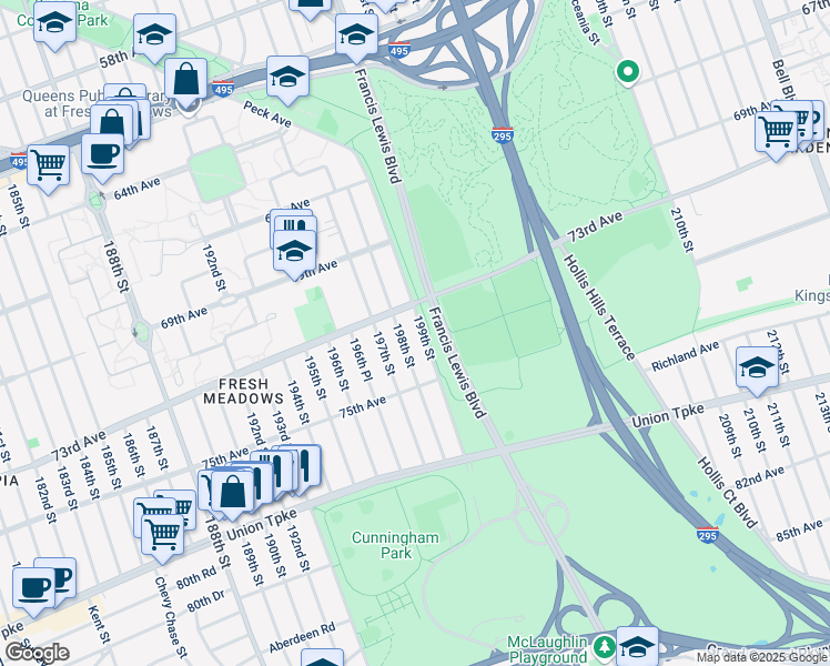map of restaurants, bars, coffee shops, grocery stores, and more near 73-20 199th Street in Queens
