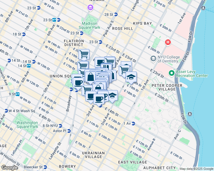 map of restaurants, bars, coffee shops, grocery stores, and more near 192 3rd Avenue in New York