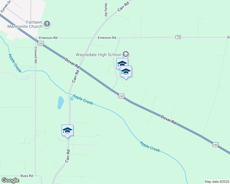 map of restaurants, bars, coffee shops, grocery stores, and more near 9052 Dover Road in Apple Creek