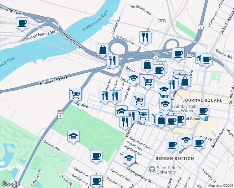 map of restaurants, bars, coffee shops, grocery stores, and more near in Jersey City