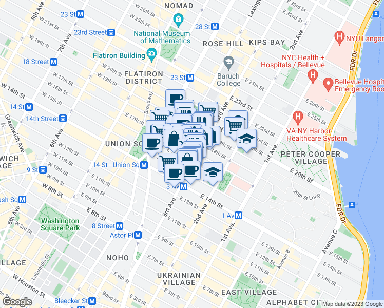 map of restaurants, bars, coffee shops, grocery stores, and more near 146 East 17th Street in New York