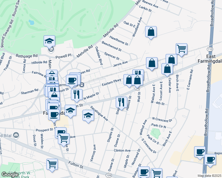 map of restaurants, bars, coffee shops, grocery stores, and more near 46 Prospect Place in Farmingdale