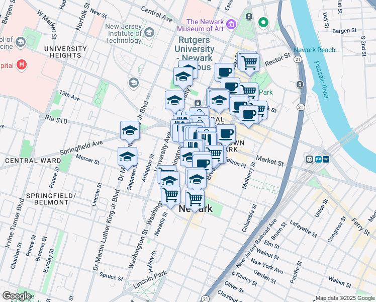 map of restaurants, bars, coffee shops, grocery stores, and more near 45 Branford Place in Newark