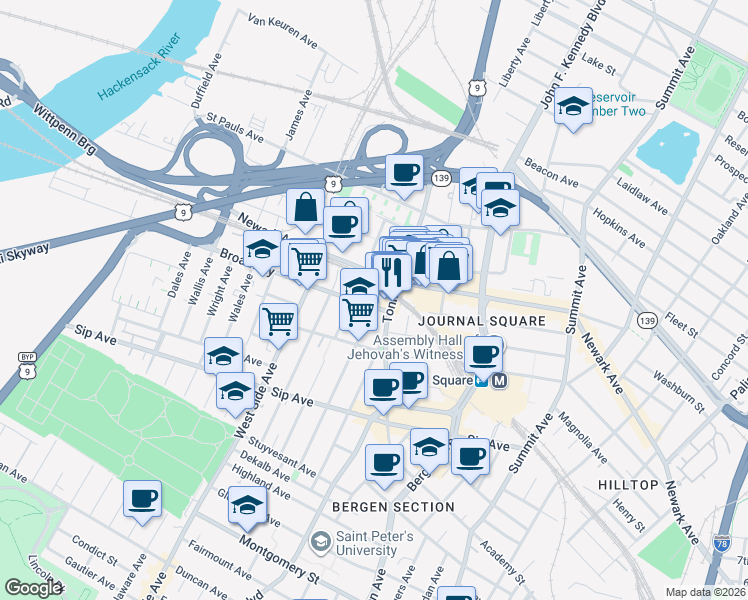 map of restaurants, bars, coffee shops, grocery stores, and more near 16 Broadway in Jersey City