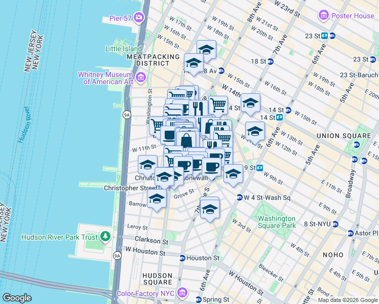map of restaurants, bars, coffee shops, grocery stores, and more near 88 Perry Street in New York
