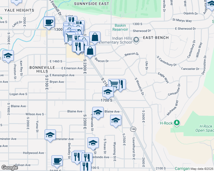map of restaurants, bars, coffee shops, grocery stores, and more near South 2165 East in Salt Lake City