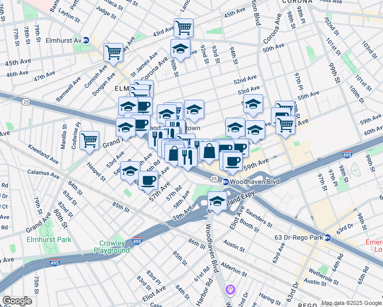 map of restaurants, bars, coffee shops, grocery stores, and more near 88-01 Queens Boulevard in Queens