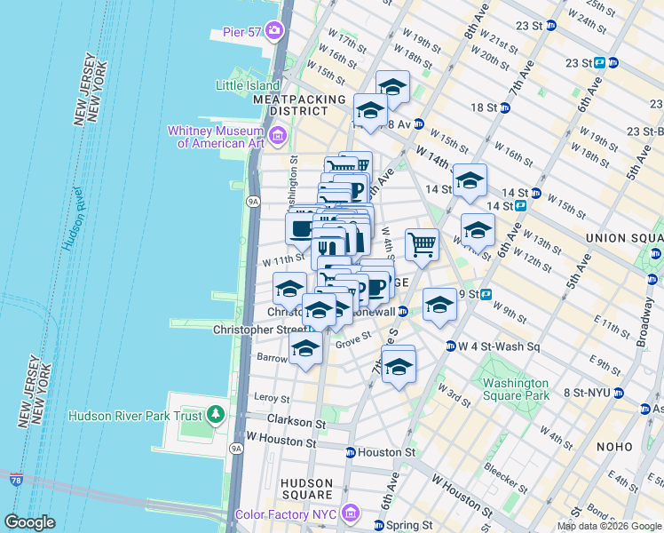 map of restaurants, bars, coffee shops, grocery stores, and more near 100 Perry Street in New York