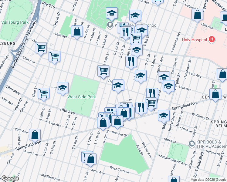 map of restaurants, bars, coffee shops, grocery stores, and more near 519 South 11th Street in Newark