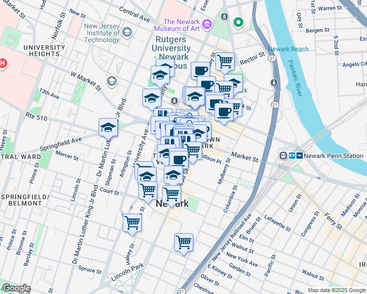 map of restaurants, bars, coffee shops, grocery stores, and more near 142 Market Street in Newark