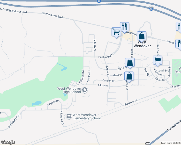 map of restaurants, bars, coffee shops, grocery stores, and more near 2086 Shawnee Circle in West Wendover