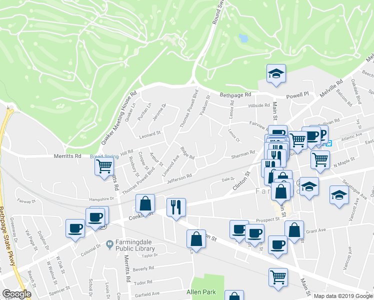 map of restaurants, bars, coffee shops, grocery stores, and more near 49 Ridge Road in Farmingdale