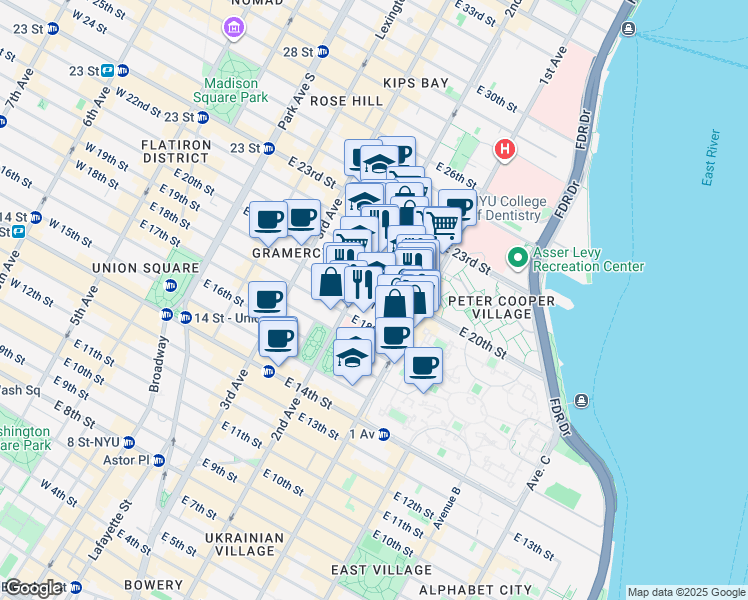map of restaurants, bars, coffee shops, grocery stores, and more near 315 East 19th Street in New York